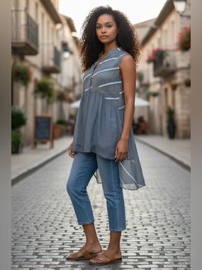 Made in ITALY Sleeveless Striped High-Low Tunic Blouse Top